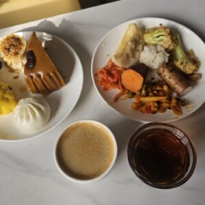 Breakfast plates at the free China Eastern transit hotel in Shanghai