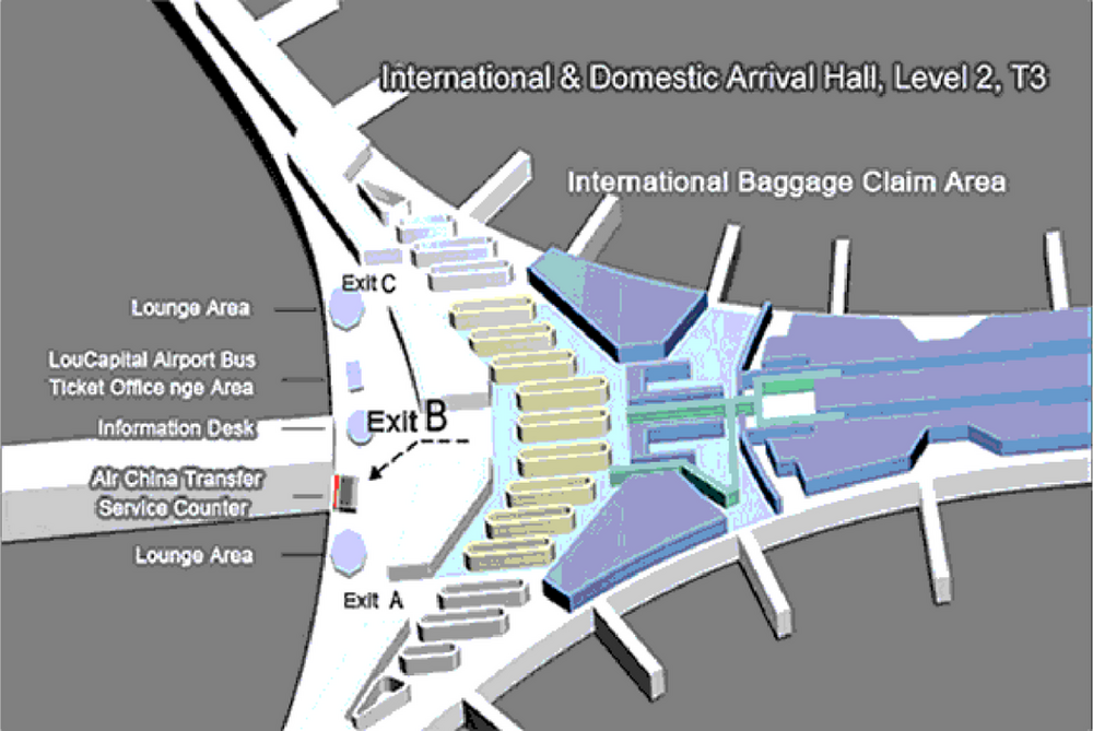 Mapa: kde najít tranzitní hotel Air China — přepážka u Exit B, Terminál 3, letiště Peking (PEK)